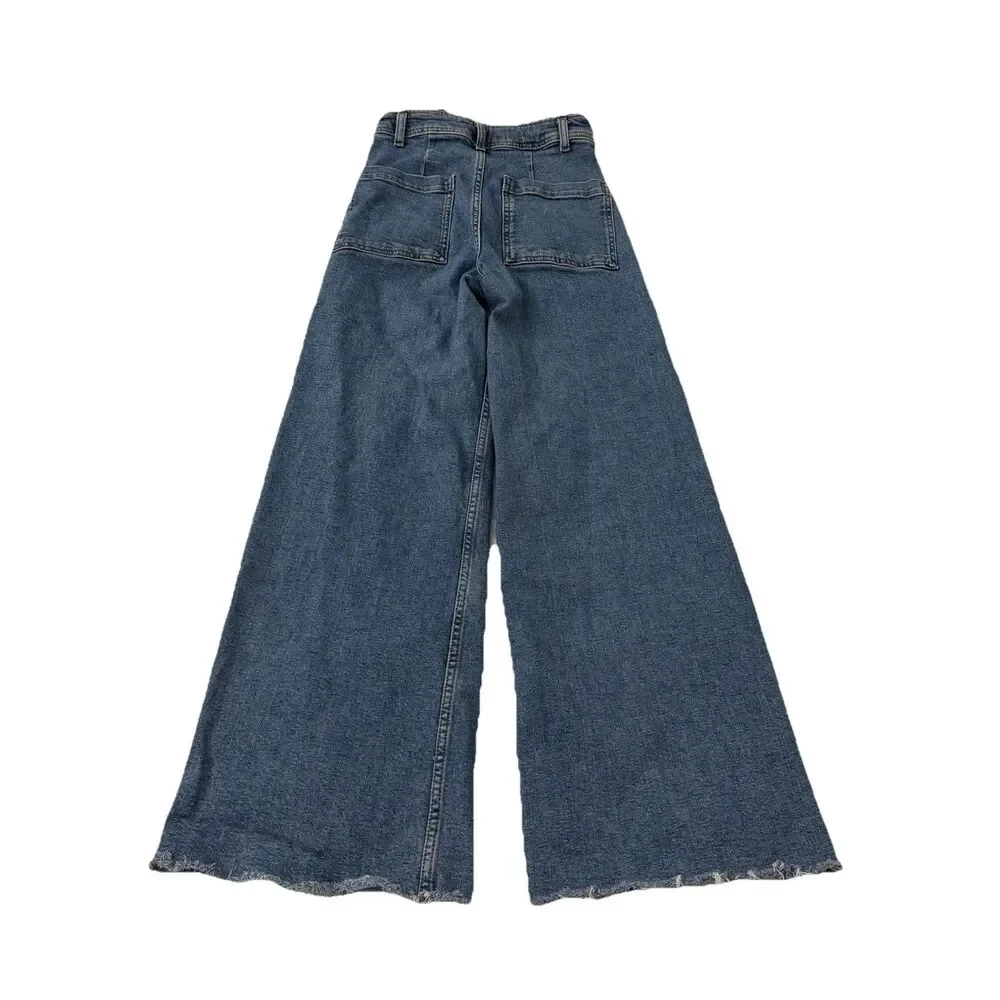 Zara Jeans Womens 2 Blue The Marine Straight Raw Hem High-Rise Wide Leg Boho - Picture 5 of 9